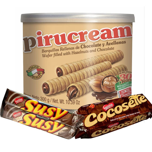 Caja frontal del combo Cocosette Susy Pirucream – snacks dulces venezolanos en USA