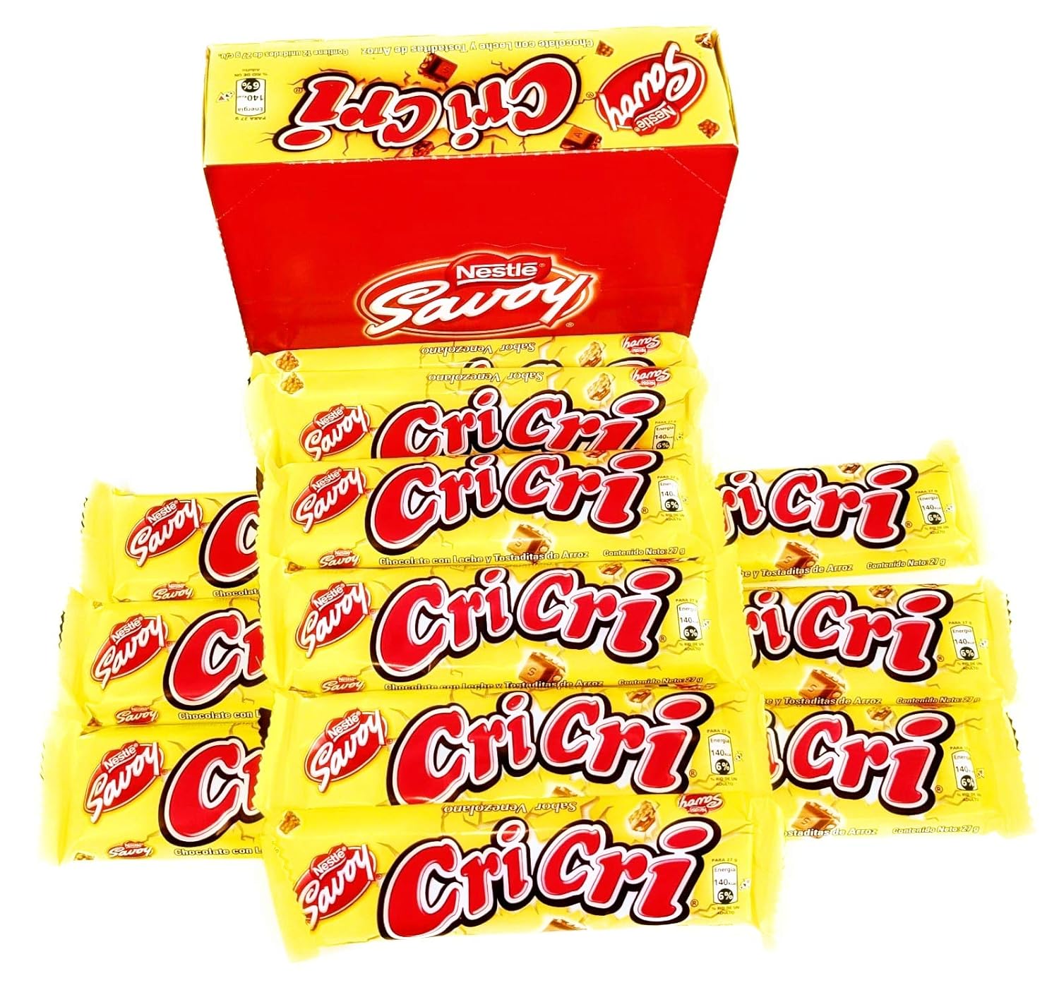 Caja frontal Chocolate Cri Cri Savoy 12 pack 27 g – milk chocolate + crunchy puffed rice – USA