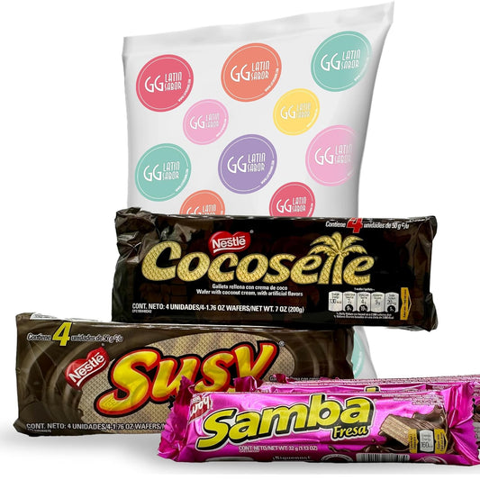 Galletas wafer surtidas venezolanas GG Latin Sabor: Cocosette, Susy y Samba Fresa (assorted Venezuelan wafers) – USA