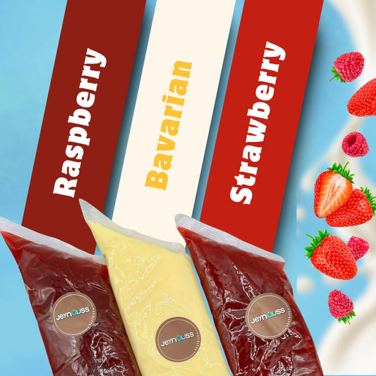 Jeynuuss cake filling variety pack: 3 bolsas de 2 lb con sabores Bavarian cream, strawberry y raspberry; ideal para repostería y panadería en USA.